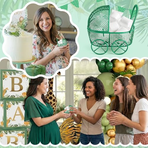 Image of Threehoney 12 Pcs Baby Shower Mini Carriage Decoration Safari Green Metal Wired Fillable Candy Stroller Baby Shower Table Centerpiece for Guest Gender Reveal Wedding Party Favor Gift