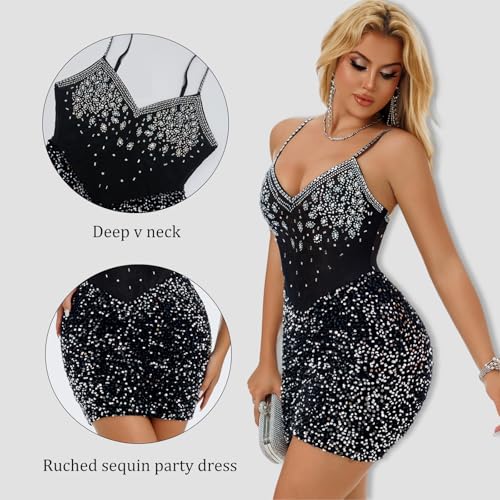 Women's Rhinestone Sequin Party Dress Ruched Full Slip Dress Cocktail Homecoming Clubwear4