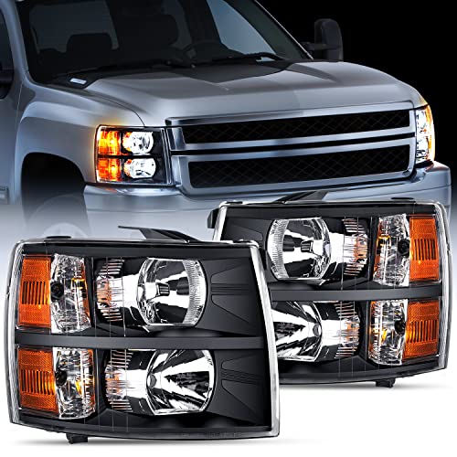 Nilight Headlight Assembly for 2007 2008 2009 2010 2011 2012 2013 Silverado 1500 2007-2014 Silverado 2500HD 3500HD Replacement Headlamp Black Housing Amber Reflector, 2 Years Warranty