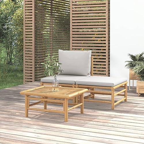Blukee Muebles de Terraza Bambú 3 Piezas 3, Muebles de Jardín, Sofa Jardin Exterior de Bambú, Muebles Jardin Exterior, Sofá Jardín 3 Plazas, Conjunto Terraza con Cojines Gris Claro