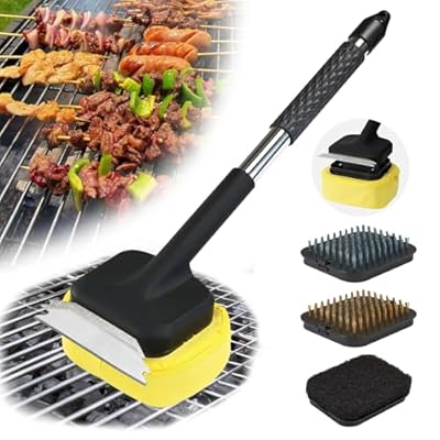 BBQ Grill Brush Bristle Free for Outdoor Grill, Grill Cleaning Brush with 4 Replacement Heads, Safe Grill Cleaner Brush for Cast Iron, Stainless-Steel Grates, Ideal Gift for Men/Dad