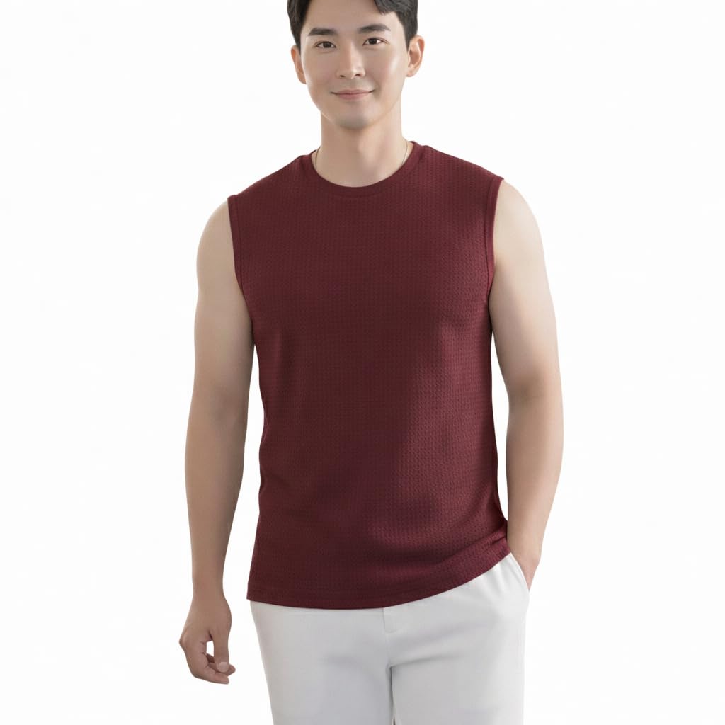 Men’s Sleeveless Waffle Fabric T-Shirt | 230 GSM Cotton Blend Gym Vest | Regular Fit Round Neck Muscle Tee for Men-image-13
