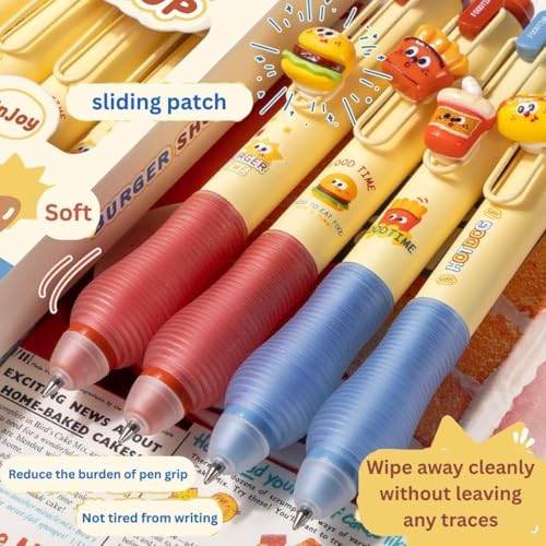 Image of Cute Burger Theme Ball Pens Set of 4, 0.5mm Blue Ink Erasable Smooth Writing Pens with Soft Grip Kawaii Cartoon Gel Pens for Kids,school,office,college,journaling,birthday Return Gifts