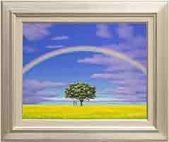 sale【ART】白鳥あゆみ真筆(虹のある風景)サムホール 白鳥あゆみ『虹のある風景』油絵・油彩画(WF3) 絵画 肉筆 黄色い