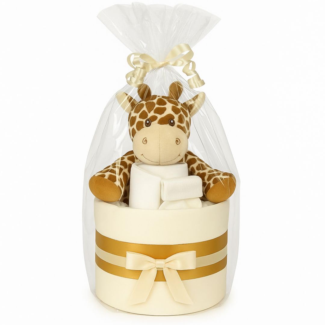 Pannolino Torta Neutro Unisex Baby Gift – Mussola Square wrap 9 Premium Pannolini Bavaglino Calzini e Peluche Morbido Giraffa