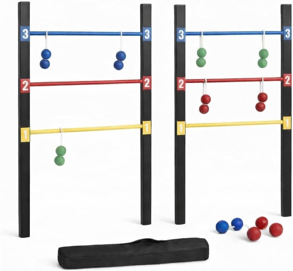 Bolaball Wooden Ladder Golf Game Set Ladderball includes 4 vertical poles, 6 colored dowels, 6 bolas, 2T base, game instruction, a durable bag | Backyard Games for Kids Adults