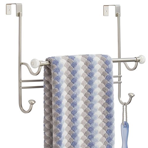 mDesign Over Shower Door Bathroom Towel Bar Rack with Hooks - Satin/White