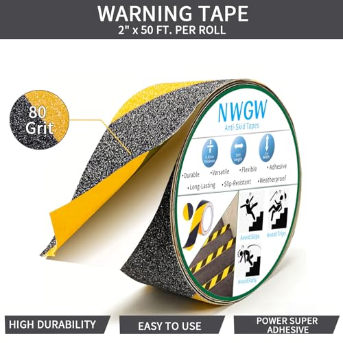 Image of Black & Yellow Anti-Slip Stair Treads Tape, 2 inch x50FT Heavy Duty Non-Skid Grip Tape for Indoor /Outdoor Steps, Bathroom & Pool - PVC Waterproof Safety Traction Tape