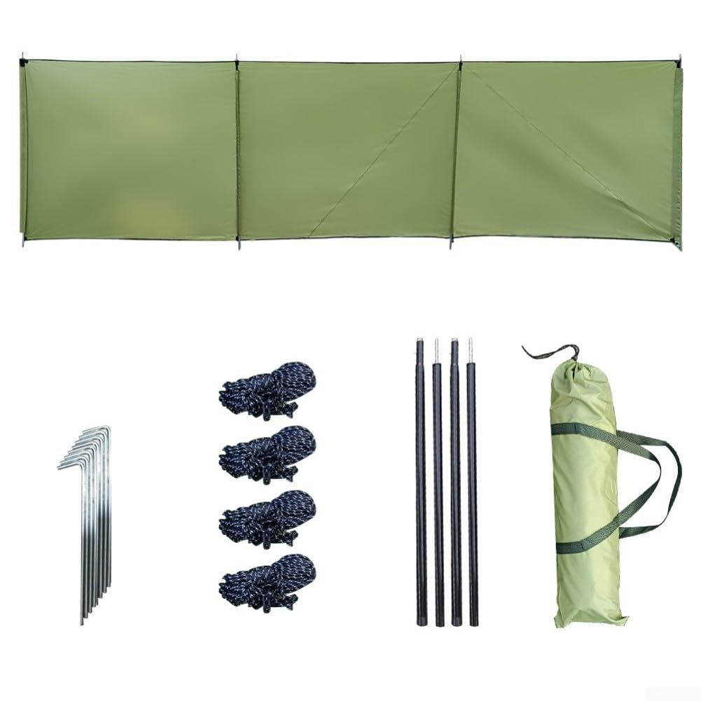 Parabrezza per fornello da campeggio verde, 500 x 140 cm, extra large, per esterni, per cucina, picnic, spiaggia e camper, tessuto Oxford 210D resistente con pali