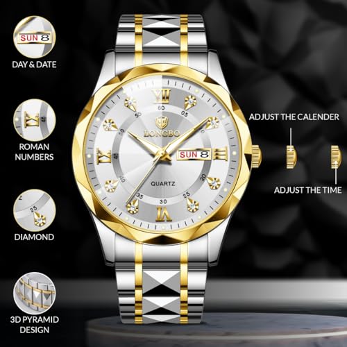 Image of LONGBO Zenith Diamond Analog Watch for Men Business Stainless Steel Watches Luxury Men's Wristwatch | Birthday Gift for Men | Gift for Husband | Gift for Brother