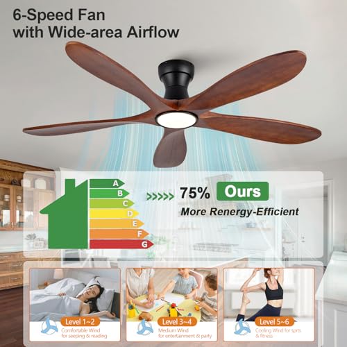 Image of 52 Inch Flush Mount Ceiling Fans with Lights and Remote, Dimmable 5 Blade Wood Outdoor Ceiling Fan Outdoor Fans for Patios Low Profile Modern Ceiling Fan with Light for Bedroom Living Room