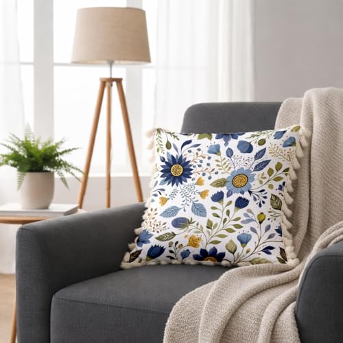 Image of STITCHNEST 'Little Meadow Series' Tassled Cushion Cover | Set of 2 | Floral Cushion Cover 16 inch x 16 inch