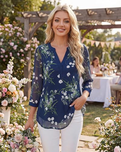 Image of Timeson Women's Short Sleeve V Neck Blouses Shirts Floral Double Layers Mesh Tunics Tops