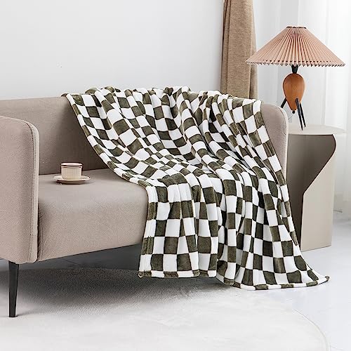 LOMAO Throw Blankets Flannel Blanket with Checkerboard Grid Pattern Soft Throw Blanket for Couch, Bed, Sofa Luxurious Warm and Cozy for All Seasons (Dark Olive, 90"x110")