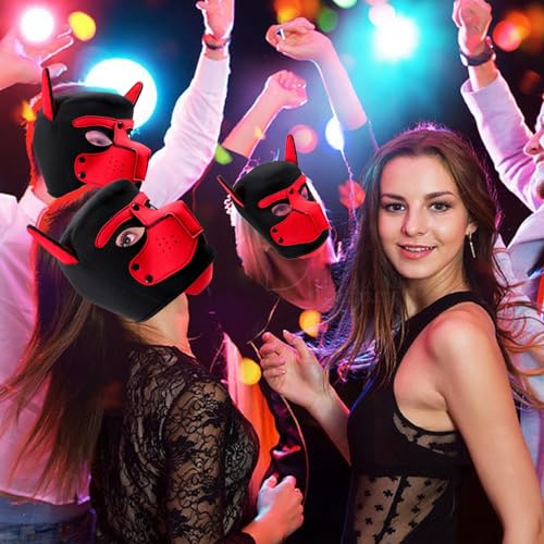 HBSFBH Hundemaske aus Leder, weiche Hundemaske mit Ohren, verstellbare Ch-ien-Maske aus Material, Halloween-Maske, Cosplay-Kapuzenmaske, für Urlaubsparty (Rot)