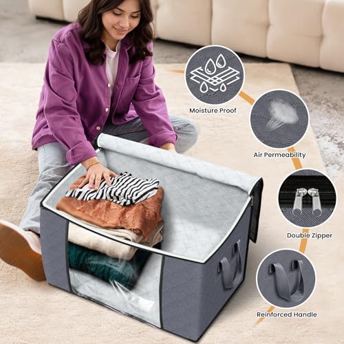 Image of Fab totes 24 Gallons Clothes Storage, Foldable Thick Fabric Blanket Storage Bags, Containers for Organizing Bedroom, Closet, Clothing, Comforter, Organization with Handle (8 Pack,Grey)
