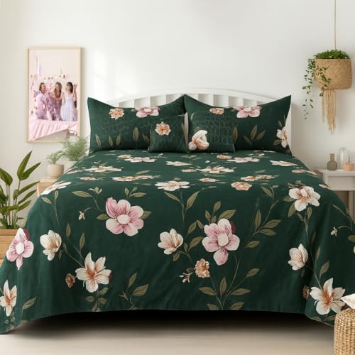 Image of Super Premium Designer 5-Piece Bedsheet Set - Double Bed Size (90 inchx100 inch) - Heavy Cotton Blend with Bedsheet, Pillow Covers & Cushion Covers (Green, 5 Pc Bedsheet Set)