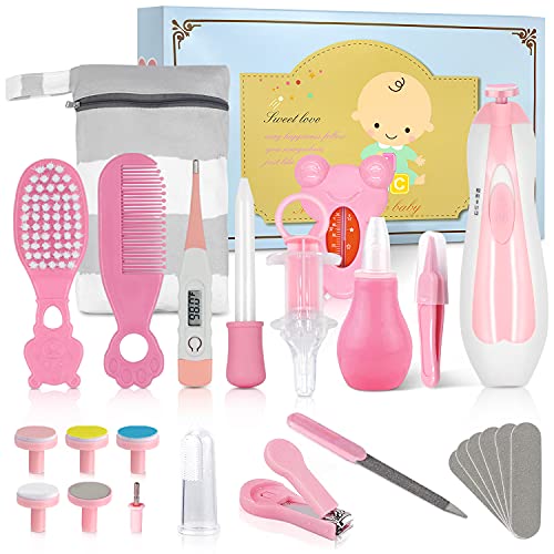 31 in 1 Baby Grooming Kit, Baby Electric Nail Trimmer Set Newborn Nursery Health Care Set Include Thermometer,Nail Clipper,Teether,etc.for Infant Toddlers Boys Girls Kids(Pink)