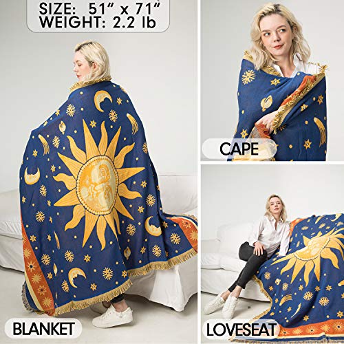 Maynest Sun And Moon Stars Hippie Throw Blanket Celestial Tapestry Double-Sided Reversible Woven Cotton Home Decor Bedding Chair Couch Recliner Cover Loveseat Rug Oversized Tassels Blue Yellow (71X51) #TOP2