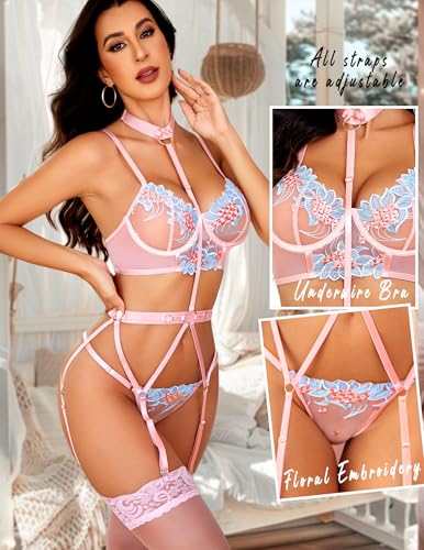 Image of Avidlove Garter Lingerie Sets for Women Sexy with Removable Choker Floral Embroidered Underwire Lingerie (No Stockings)