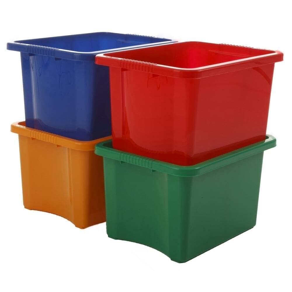6 x Coloured Plastic Storage Box Stackable & Nestable Storage Container Open Storage Basket Bin Home Kitchen Organiser Crate Boxes For Shoes Office Stationery Toys Clothes(Assorted Colours) (35 LITRE)