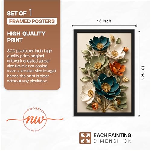 Image of NoWorries 3D Floral Wall Painting with Frame Set of 1 | Premium Textured Teal White Orange Flower Artwork, Luxury Botanical Nature Wall Decor for Living Room, Bedroom, Office and Home Decoration (3d Art-13,13x19inch)