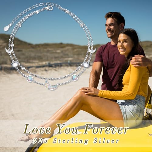 Image of Flyow Anklet for Women S925 Sterling Silver Adjustable Foot Beaded Heart Charm Ankle Bracelet Anklets Jewelry