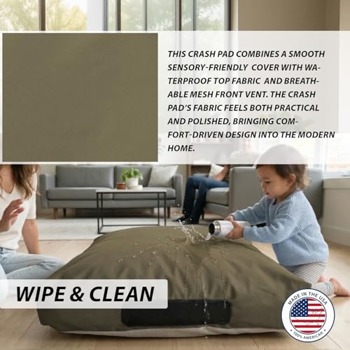 Matini Sensory Crash Pad for Kids & Adult – Crash Mat with Foam Blocks, Waterproof Cover, Non Slip Bottom, Soft Fabric Sensory Pads, Landing Mat for Jumping, Relaxing & Play - 48\" x 48\" (Olive)