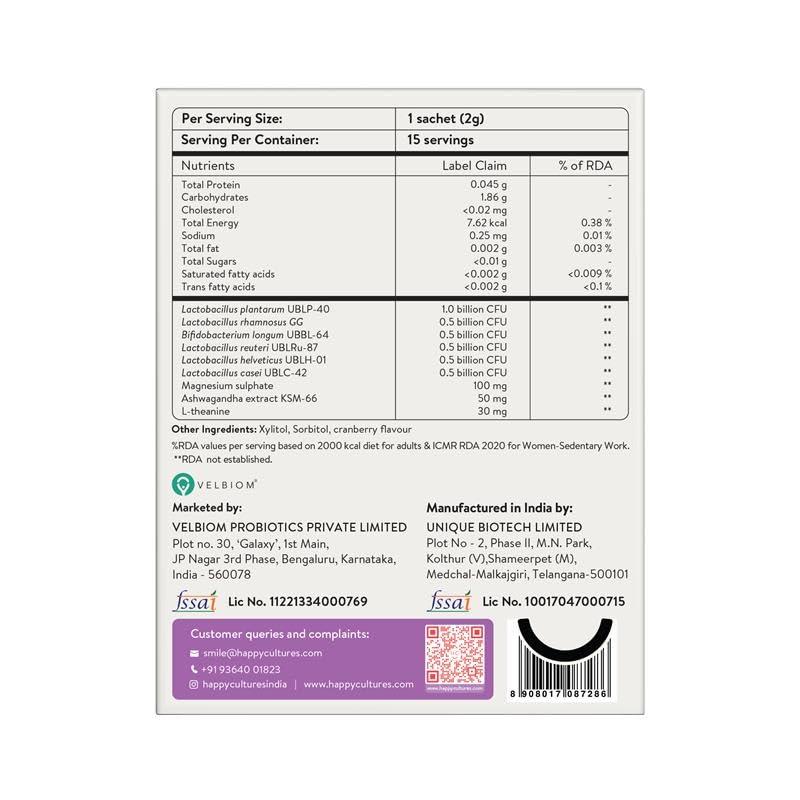 Image of Happy Cultures Stress Who - Ashwagandha KSM66, Magnesium & L-Theanine, Probiotics blend, Anxiety & Stress Relief For Men & Women | Supports Relaxation | Clinically tested, No Side Effects | Lemon & Ginger Flavored - 15 x 2g (Sachets)