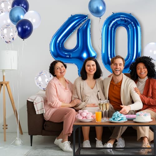 Image of Large Foil Number 40 Balloons, Big Light Navy Blue 40 Helium Balloon with Metallic Silver Confetti Balloon for Men 40th Birthday Party Decor, Mylar Self Inflating 40 Balloon for Graduation Decorations