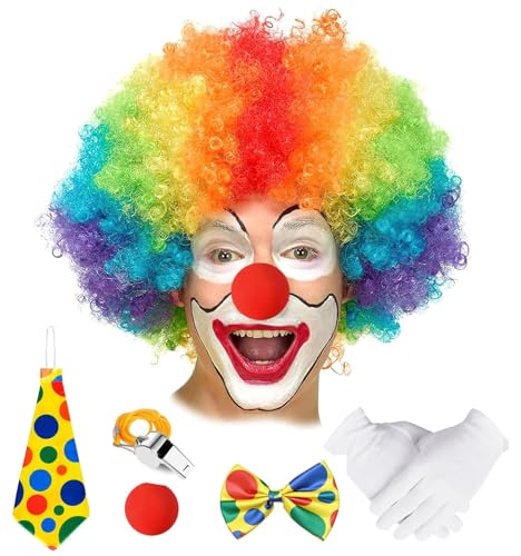 Wrzbest Set of 6 Clown wigs Costume set Funny Clown Curly Afro Wigs with Nose Tie Gloves Rainbow Wigs 70s 80s Disco Theme For Youth Adult Women Mens Party Halloween Costume (Multicolor)