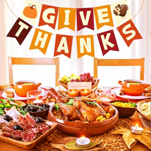 Image of OHOME Thanksgiving Decorations - GIVE THANKS Banner | Friendsgiving Party Decorations for Indoor Outdoor Outside - Thanksgiving Garland for Front Door | THANKSGIVING Backdrop Wreath for Window Wall