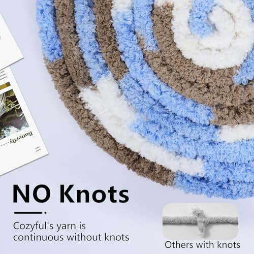 Image of Cozyful Chunky Yarn for Hand Knitting - #10 Chunky Chenille Blanket Yarn, Jumbo Big Thick Chunky Yarns for Crocheting, Tie Dye Bulky Knit Yarns, 8 Skein (20 yds 8 oz Each Skein), Khaki & Blue & White