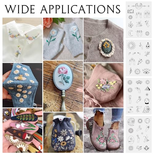 Image of 52 Pcs Water Soluble Embroidery Patterns Sun Crescent Moon Witchy Hand Patterns Stick and Stitch Transfer Embroidery Paper for Adult Beginners Hand Sewing Starter Kit