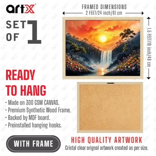 Image of ArtX Canvas Rising Sun Painting For Vastu, Big Size Wall Art, Waterfall Painting Vastu, Rising Sun Wall Decor, Multicolor, Nature, 61.0 X 48.0 cm, Set of 1