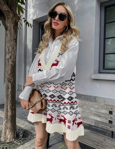 Image of HOTOUCH Women Sweater Vest Oversized V Neck Sleeveless Knit Pullover Ribbed Vest Dress with Pockets