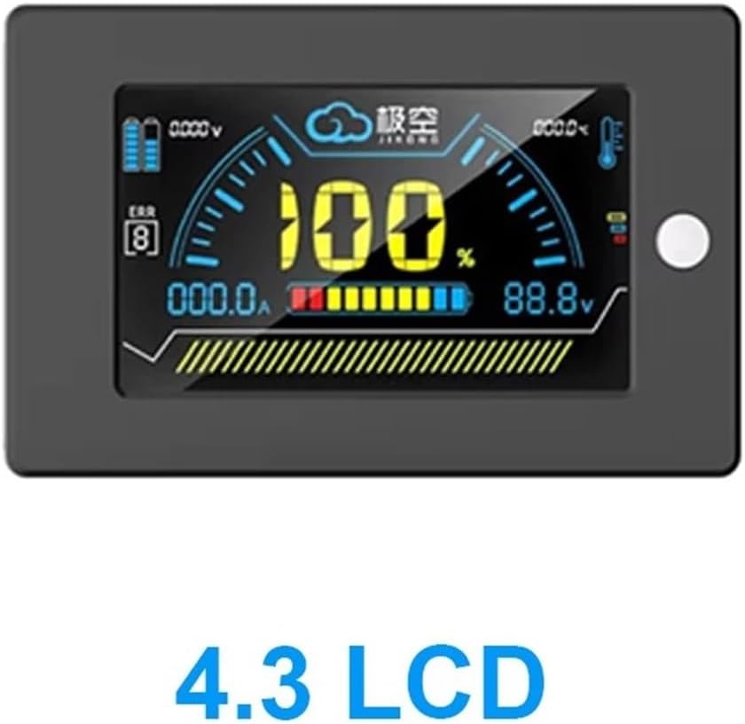 Close-up view of the 4.3-inch LCD display for the JK Inverter BMS, showing battery voltage, current, state of charge percentage, and temperature.