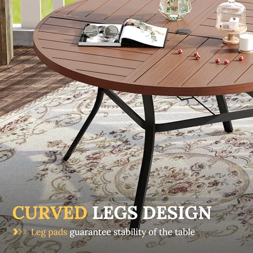 Image of VICLLAX Round Patio Table with Adjustable Umbrella Hole for 8, All Weather Metal Outdoor Dining Table for Lawn Garden, 53.1 inch Outdoor Coffee Table, Walnut Wood-Like Tabletop