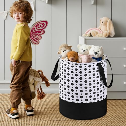 Image of Urbane Home Pack of 3 Foldable Dirty Clothes 45L Laundry Basket With Handles | Baby Unwashed Dress Bin /Storage Box | Polka Dots -Black & White