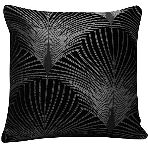Linen Loft Art Deco Fan Cushion Cover in Black and Silver. Double Sided Velvet Chenille. 17x17 (43cm) Square Pillow Case. Geometric vintage 20s and 30s Feather Pattern. (43cm x 43cm Cover only)
