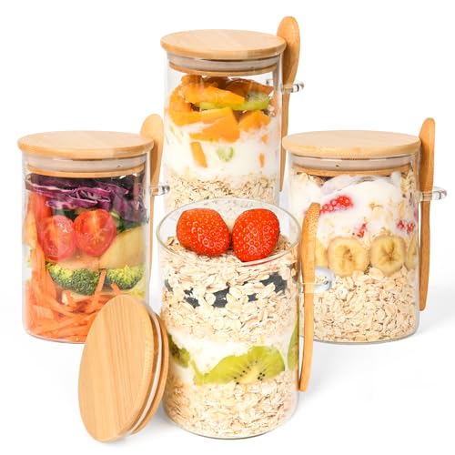 Image of 4 Pack Overnight Oats Containers with Lids Spoons Overnight Oat Jars 18oz | Glass Salad Meal Prep Mason Jar for Yogurt Chia Seed Pudding Salad Cereal Coffee Flour