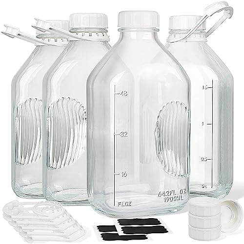 Syntic 4 Pack 2 Qt Glass Milk Bottles with Airtight Reusable SCREW LID