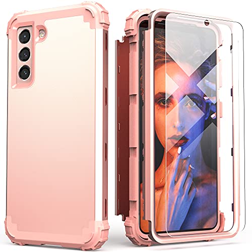 IDweel Case for Samsung Galaxy S21 5G with HD Screen Protector, Hybrid 3 in 1 Shockproof Slim Fit Heavy Duty Protection Hard PC Cover Soft Silicone Rugged Full Body Case for S21 6.2 Inch, Rose Gold