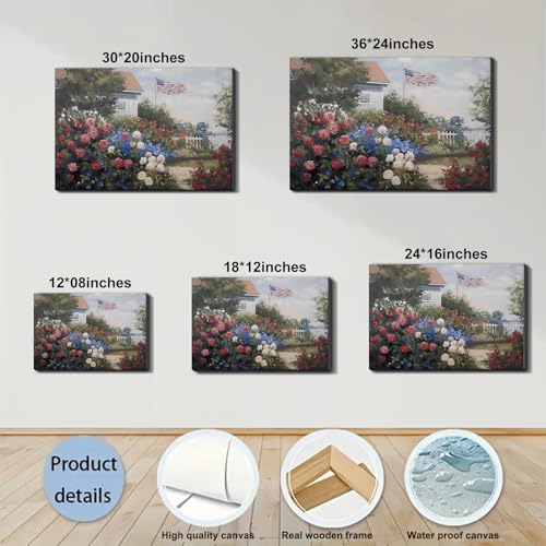 Image of Framed American Flag Cottage Rose Garden Wall Art, Patriotic Floral Canvas Art Pictures, USA Flag Wall Decor for Living Room Bedroom Bathroom, Ready to Hang Made in USA