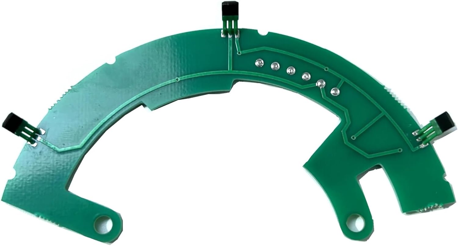 Bottom view of the green PCB board, showing circuit traces and three Hall sensor components.