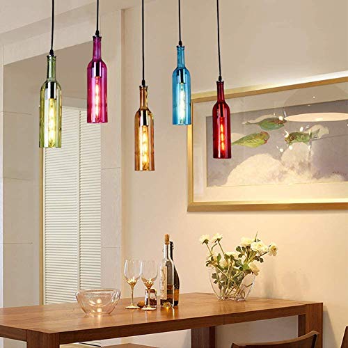 Modern Pendant Light, E26 Wine Bottle Ceiling Lamp, Bar Chandelier Fixture With Decor Colored Glass Shade Hanging For Kitchen Island, Living Room, Dining Room, Restaurant, Indoor (Blue) #TOP4