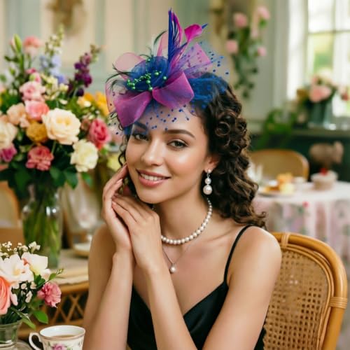 Image of DRESHOW Fascinators Hat Flower Mesh Ribbons Feathers on a Headband and a Clip Tea Party Headwear for Girls and Women