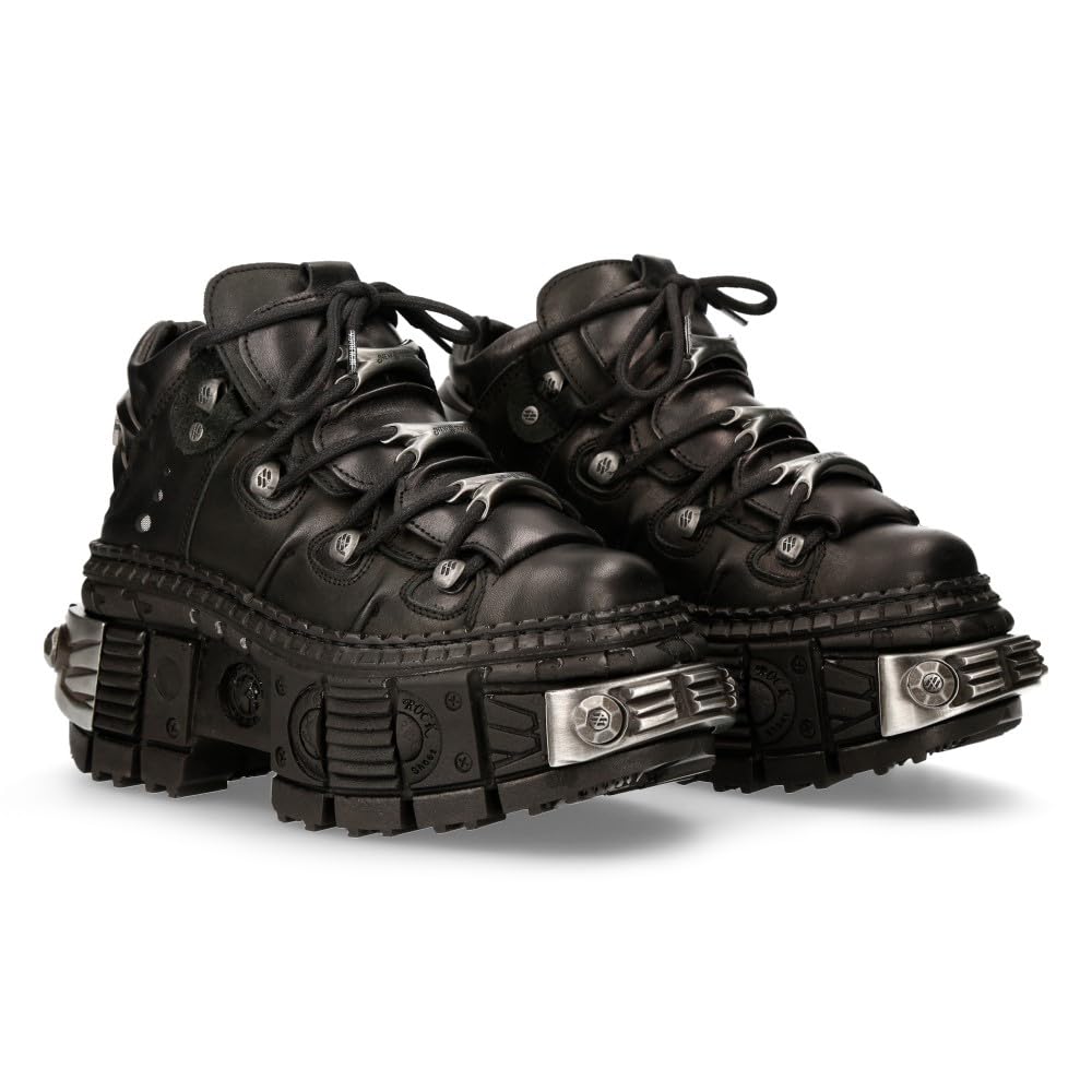 New Rock Stivali Unisex Suola TANK con lacci Colore Nero Pelle/Unisex Black Boots Leather Shoelaces M.WALL106-S10