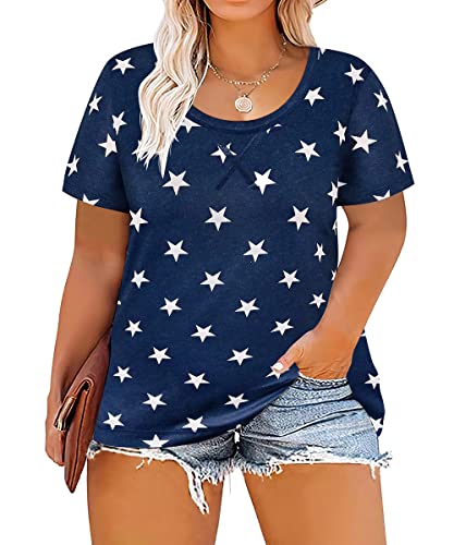 Image of CARCOS Plus Size Tops for Women Short Sleeve Shirt Summer Star /Leopard /Tie Dye /Flower Crewneck Pullover Tunic XL-5XL