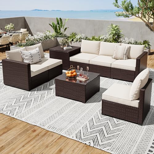 MilleLoom Patio Furniture Sets 8 Pieces Outdoor All-Weather Sectional Patio Sofa Set Rattan Weaving Wicker Patio Conversation Couch Set with Glass Table&Storage Box